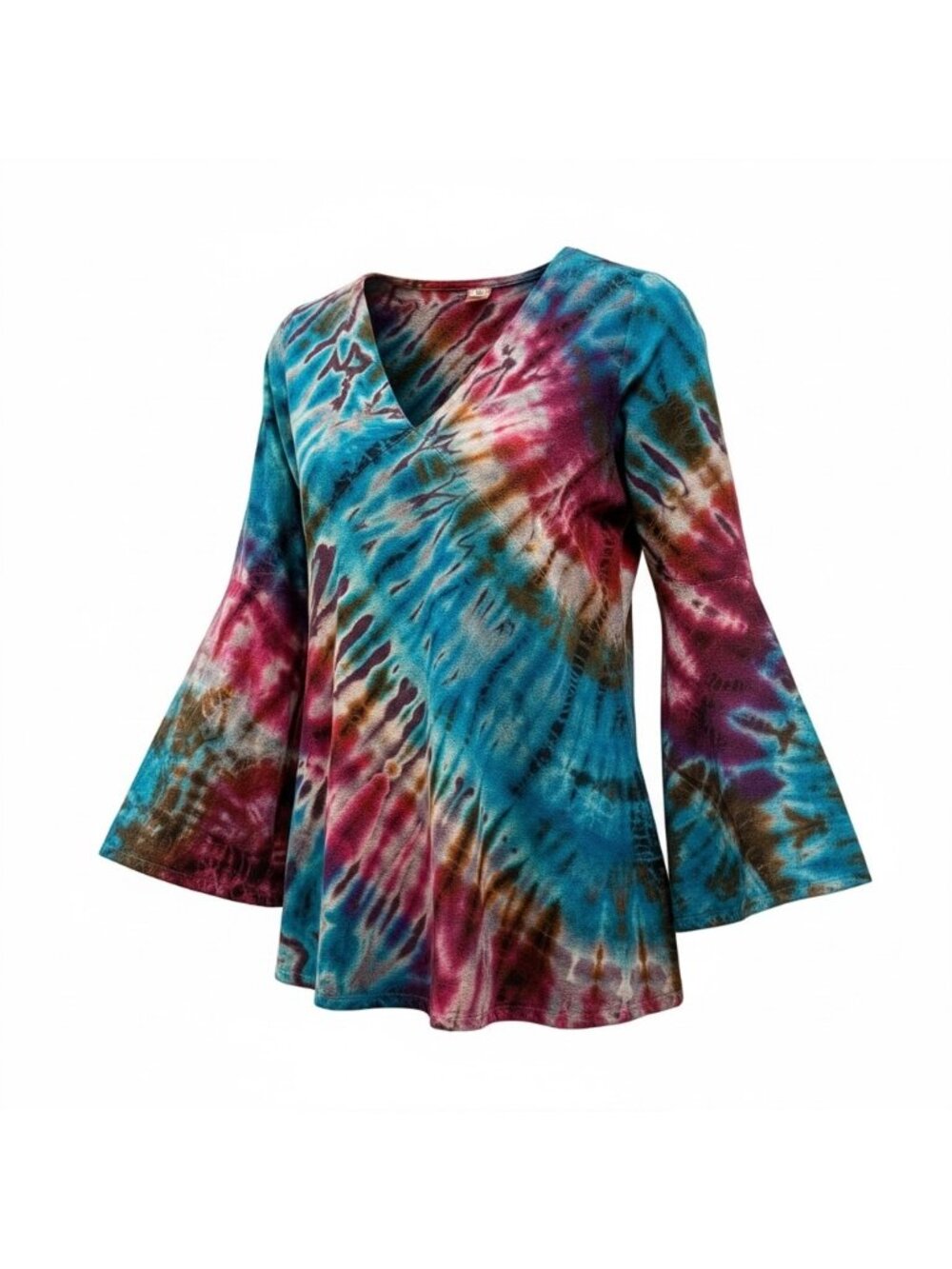 Tie Dye Hippie BOHO Blouse Size M Vintage 70s Blue Purple Magenta Bell Sleeve